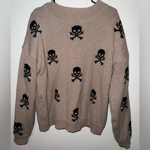 No Boundaries Sweaters - No Boundaries Tan Sweater with Black Skull Pattern